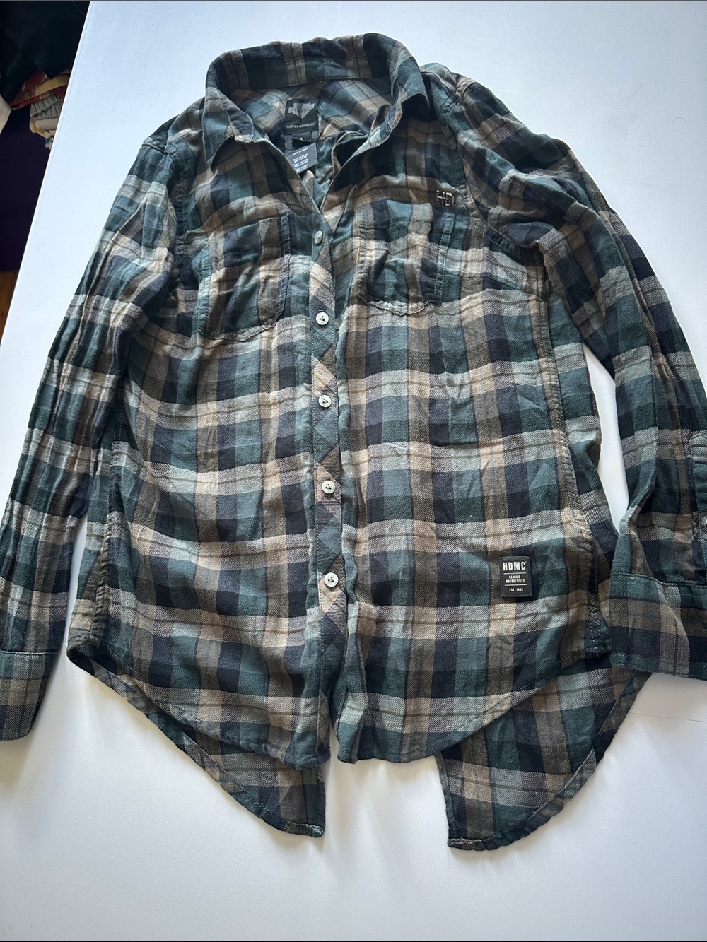 Harley-Davidson Plaid Button-Down Shirt in Green, Tan and Black with open back